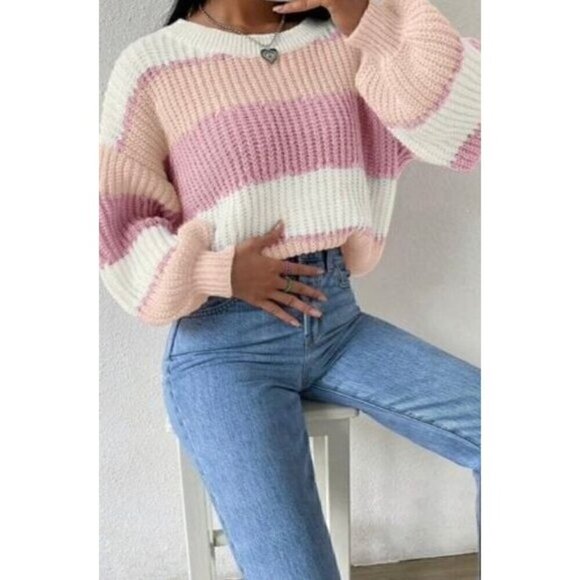 Round Neck  Color Block Drop Shoulder Sweater - Picture 5 of 5